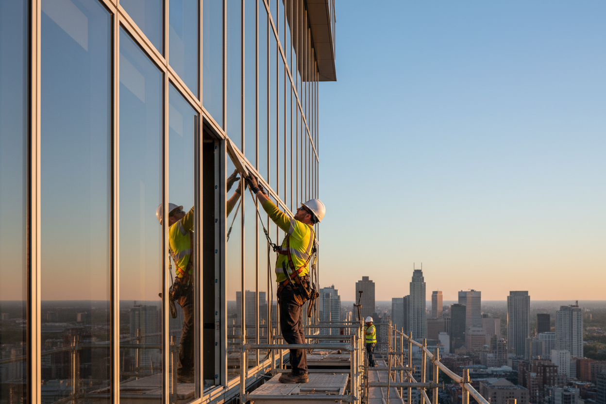 Professional installer positioning a Blomberg T450 Mullion Cap into place along a continuous window-wall run on a modern glass curtain wall high-rise building with downtown skyline in background