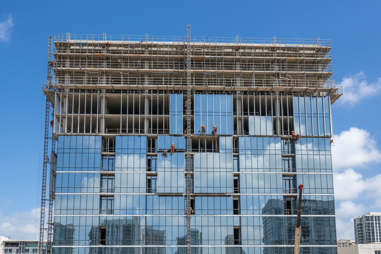 Exterior facade of 20-story Miami luxury condominium tower under construction with scaffolding-framed T600N curtain-wall bays being set in aluminum grid against vivid blue sky