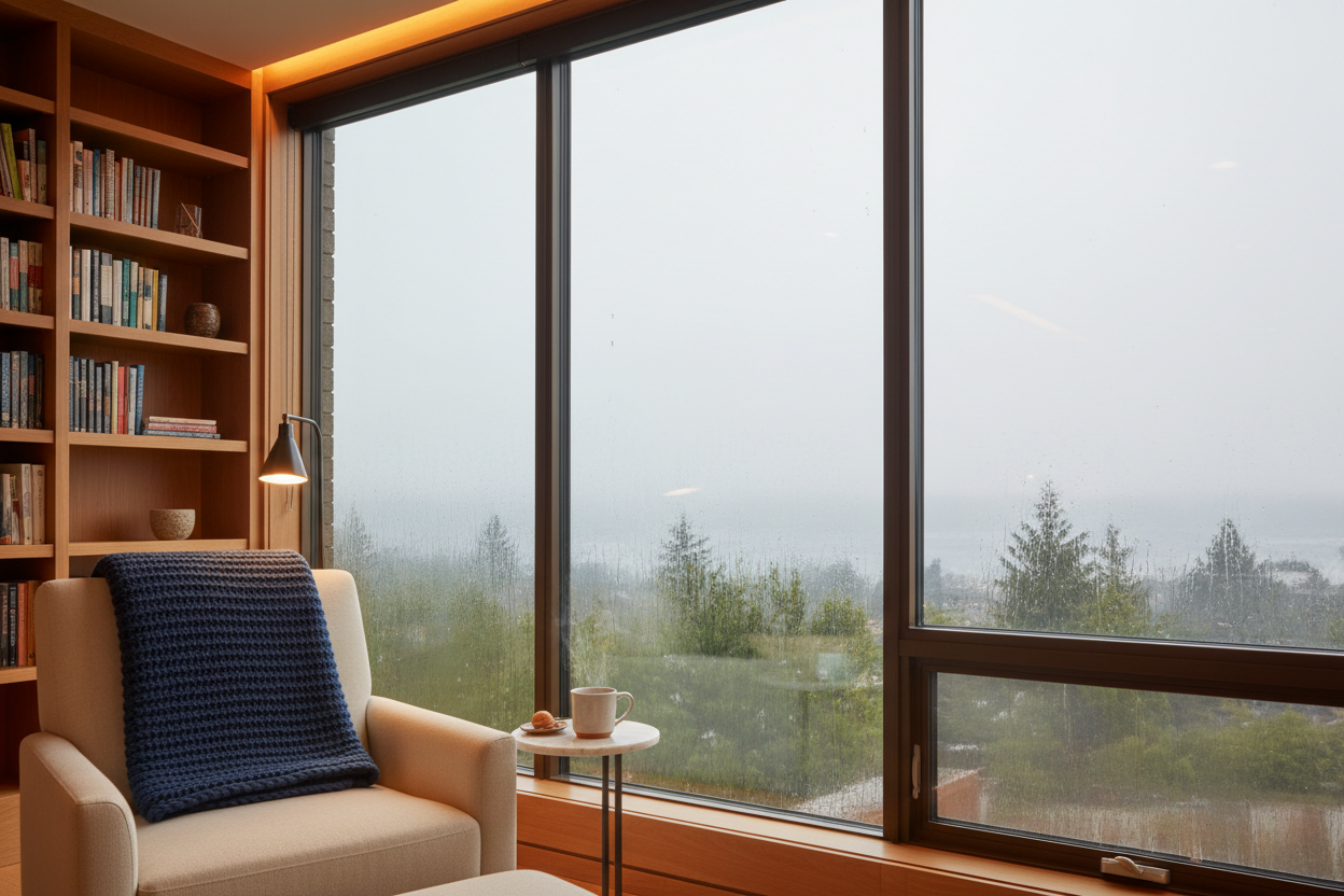 Triple-pane IGU installed in T450N window-wall in Passive House certified Seattle residential project showing condensation-free glass on cold rainy morning with warm reading nook interior