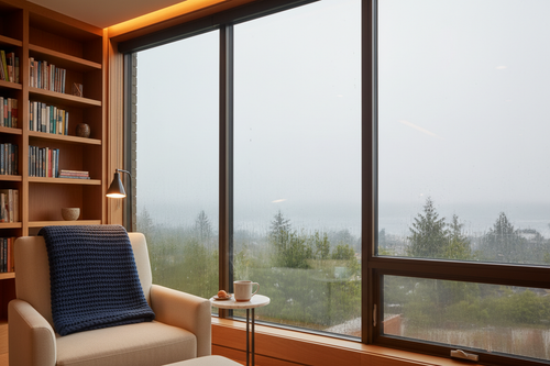 Triple-pane IGU installed in T450N window-wall in Passive House certified Seattle residential project showing condensation-free glass on cold rainy morning with warm reading nook interior