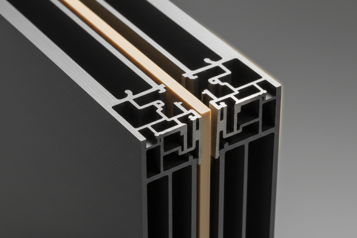 Close-up cross-section of T450N mitered corner mullion showing polyamide thermal break strut between interior and exterior aluminum extrusion faces