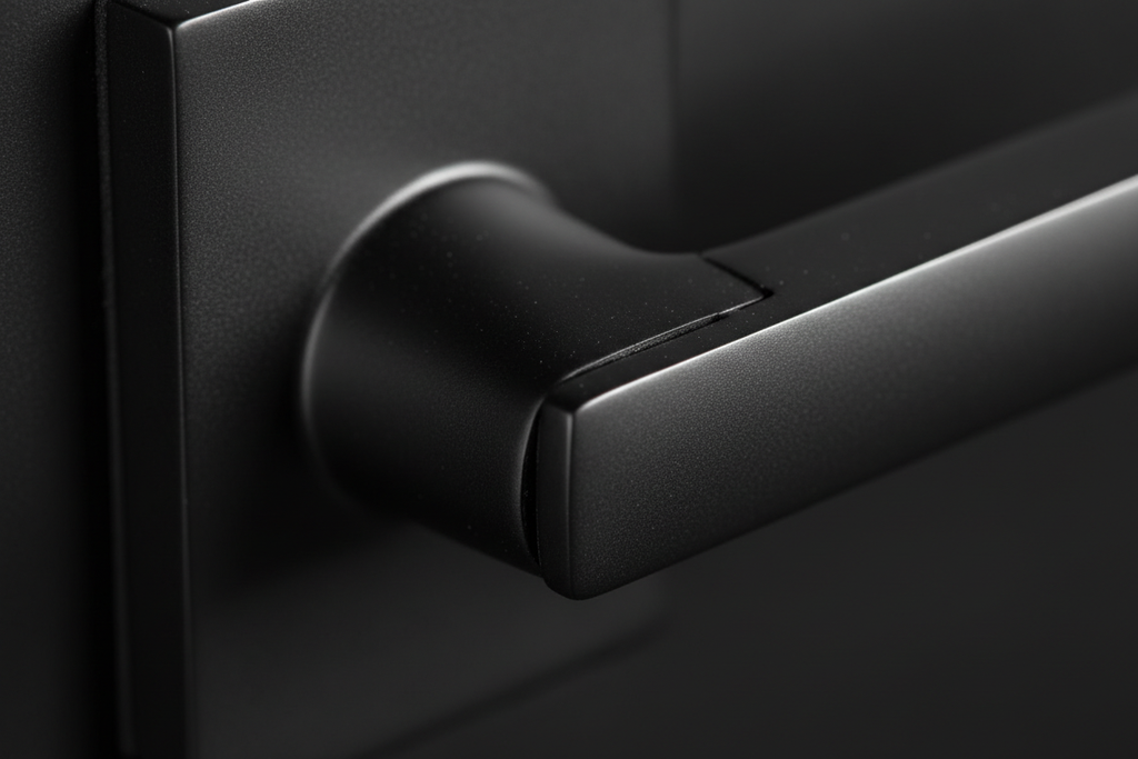 Close-up of PVD matte black handle neck under raking light showing uniform non-reflective finish texture and precision machined escutcheon edge