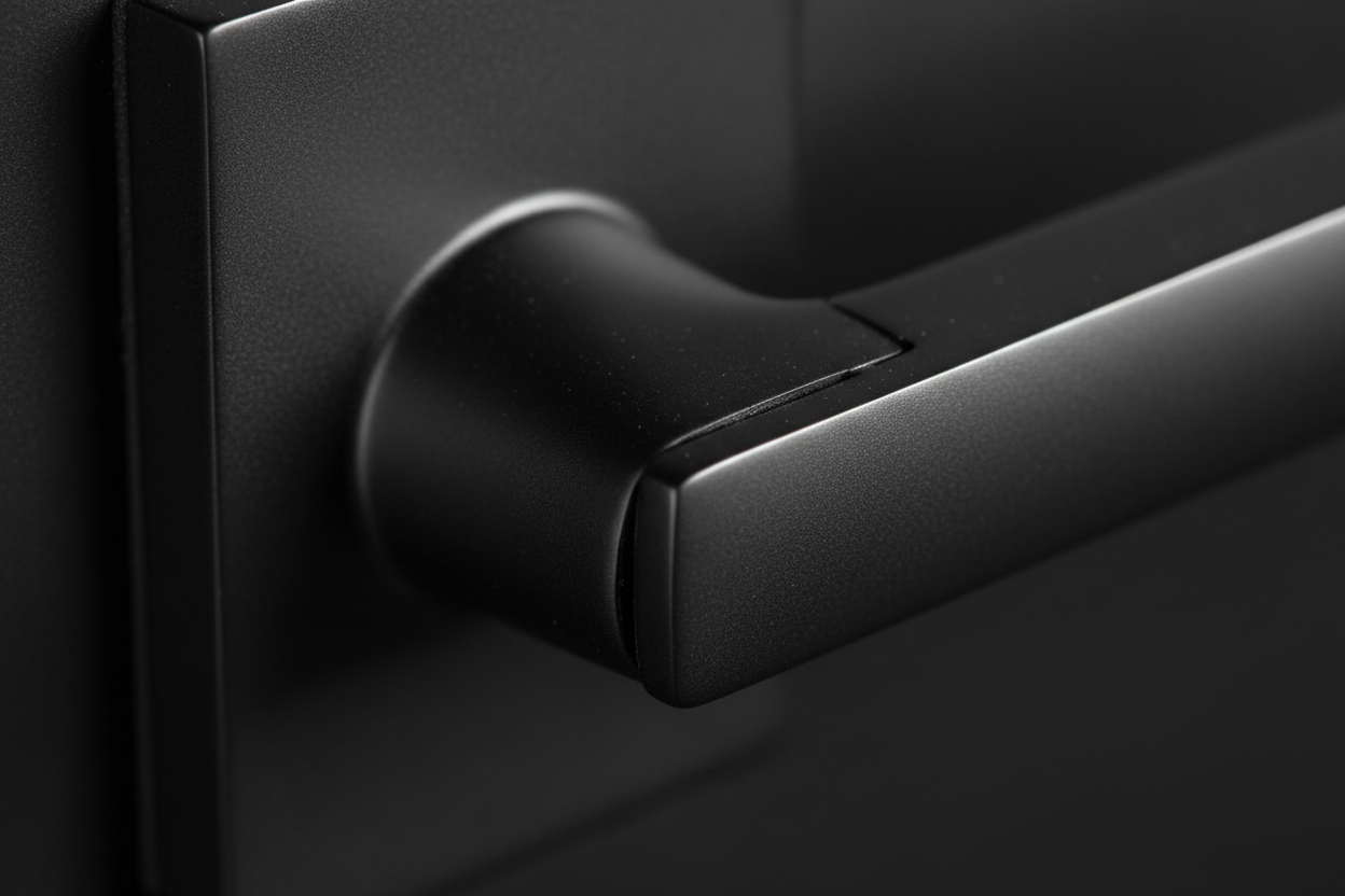 Close-up of PVD matte black handle neck under raking light showing uniform non-reflective finish texture and precision machined escutcheon edge