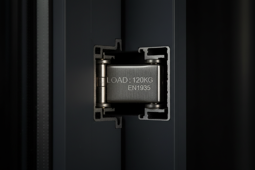 Close-up of concealed European hinge mechanism at sash-to-frame junction showing 220 lb load rating stamp on hinge body and precision aluminum mortise pocket