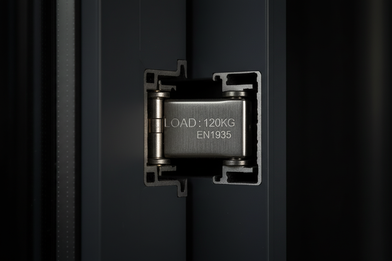 Close-up of concealed European hinge mechanism at sash-to-frame junction showing 220 lb load rating stamp on hinge body and precision aluminum mortise pocket