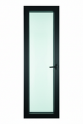 Blomberg T450N Single Casement Window Unit shown from exterior face angle on white background, displaying 5/8" slim sightline aluminum frame, concealed hinges, multi-point lock handle, and Low-E insulated glass unit