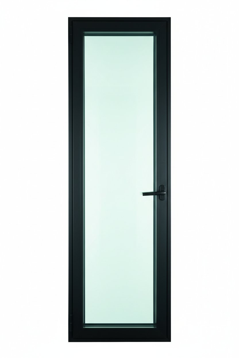 Blomberg T450N Single Casement Window Unit shown from exterior face angle on white background, displaying 5/8" slim sightline aluminum frame, concealed hinges, multi-point lock handle, and Low-E insulated glass unit