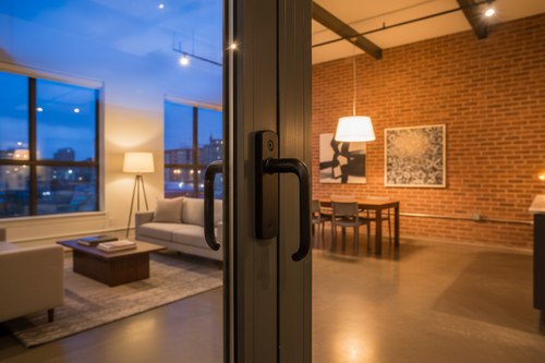 Matte black multi-point locking handle set mounted on T450N tilt-turn window in completed luxury loft apartment in Arts District Los Angeles with exposed brick and polished concrete at dusk