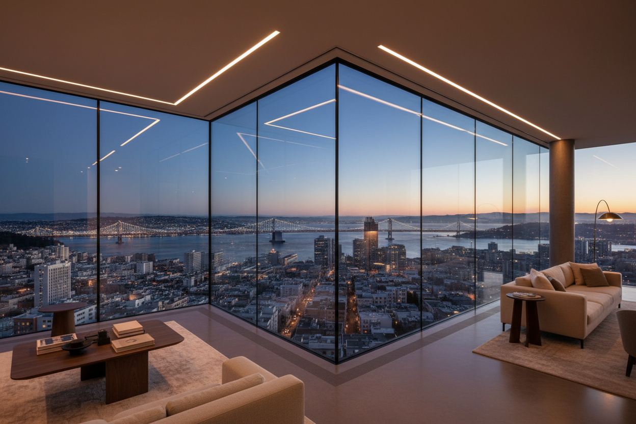 Floor-to-ceiling T450N window-wall corner glazing assembly in 45th-floor San Francisco penthouse interior with panoramic bay views at dusk