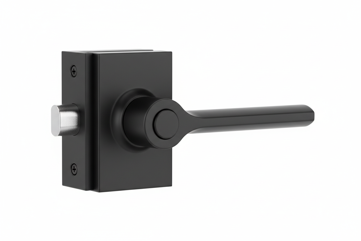 Complete multi-point locking handle set fully assembled on white background showing matte black PVD finish handle body, back plate, escutcheon, and 7mm square spindle drive