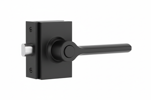 Complete multi-point locking handle set fully assembled on white background showing matte black PVD finish handle body, back plate, escutcheon, and 7mm square spindle drive