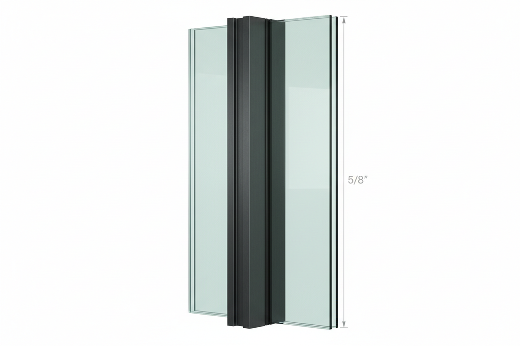 T600N structural-fin aluminum curtain-wall bay on white background showing fin-mullion profile, dual-glazed IGU, and 5/8-inch sightline dimension callout