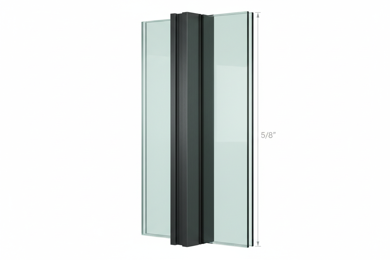 T600N structural-fin aluminum curtain-wall bay on white background showing fin-mullion profile, dual-glazed IGU, and 5/8-inch sightline dimension callout