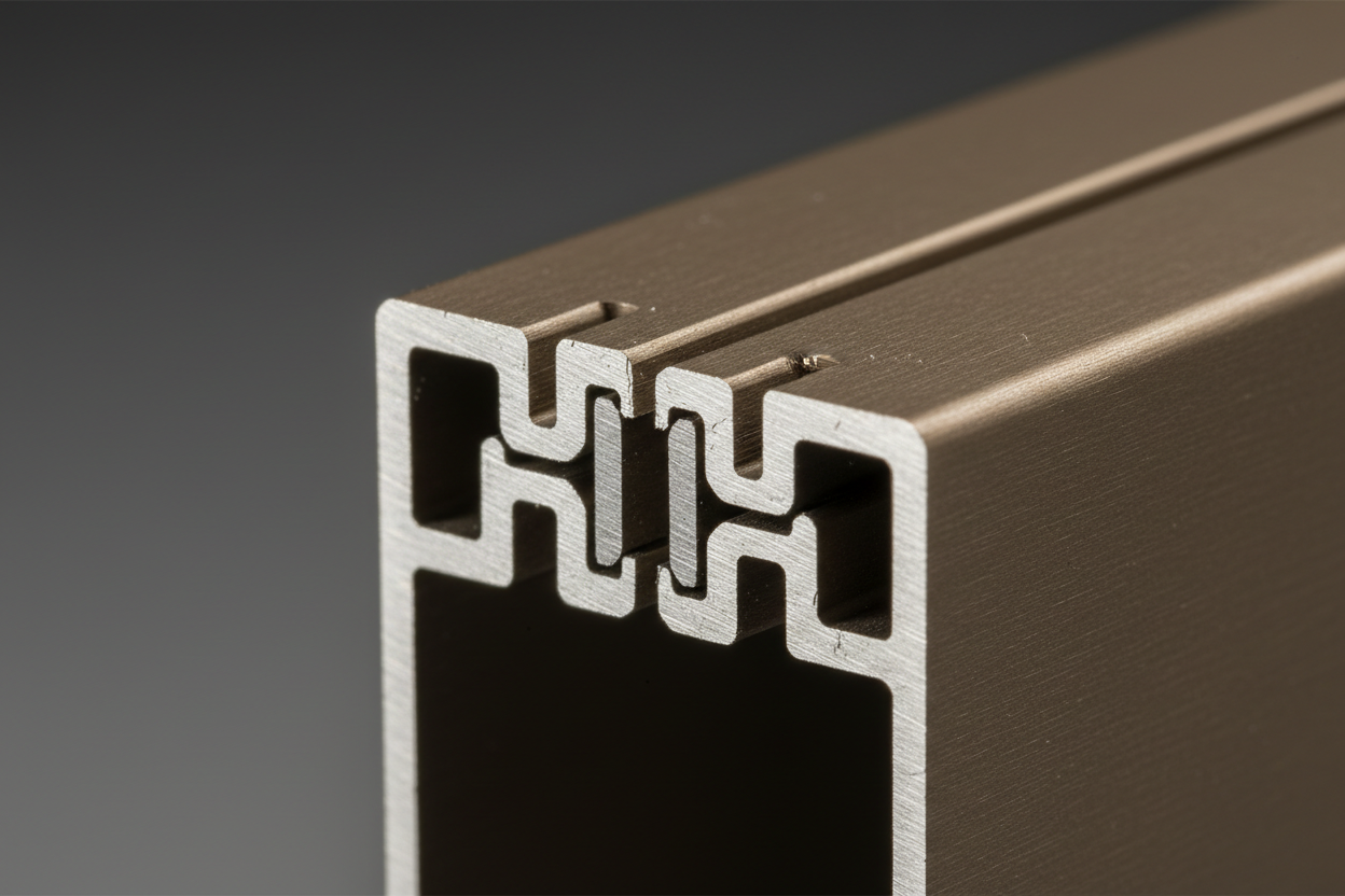 Macro close-up of Blomberg T450 Mullion Cap snap-fit interlocking extrusion geometry and Class 1 architectural anodized surface finish showing precision dimensional tolerances