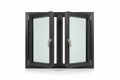 T450N dual casement window unit with both sashes open at 90 degrees on white background showing 5/8-inch center mullion, European hinges, and multi-point espagnolette handle in locked position