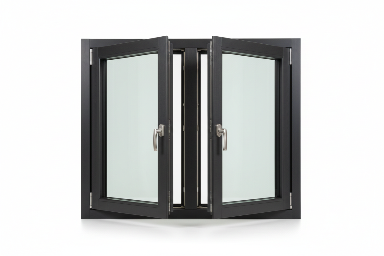 T450N dual casement window unit with both sashes open at 90 degrees on white background showing 5/8-inch center mullion, European hinges, and multi-point espagnolette handle in locked position