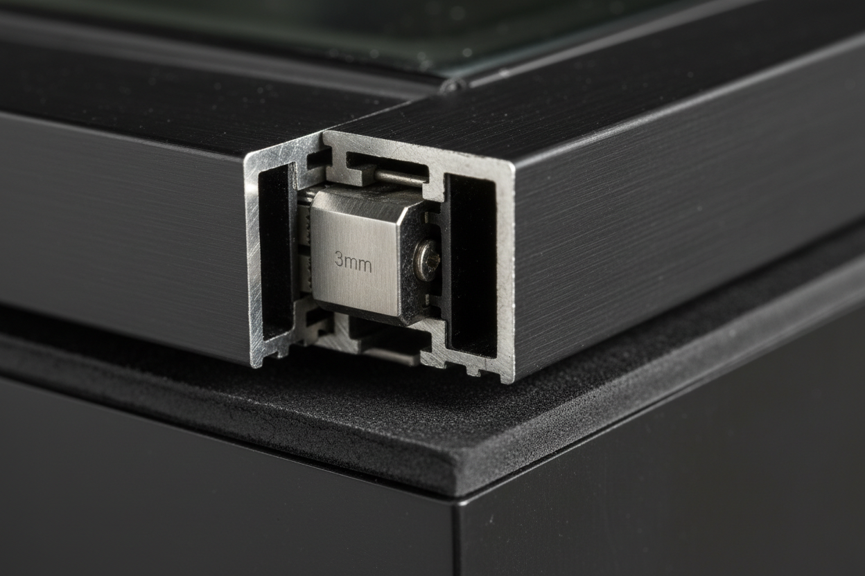 Close-up of multi-point lifting cam mechanism at handle junction showing sash elevated 3mm off compression weather seal in lift position before lateral travel