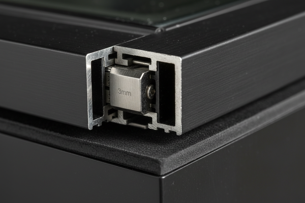 Close-up of multi-point lifting cam mechanism at handle junction showing sash elevated 3mm off compression weather seal in lift position before lateral travel