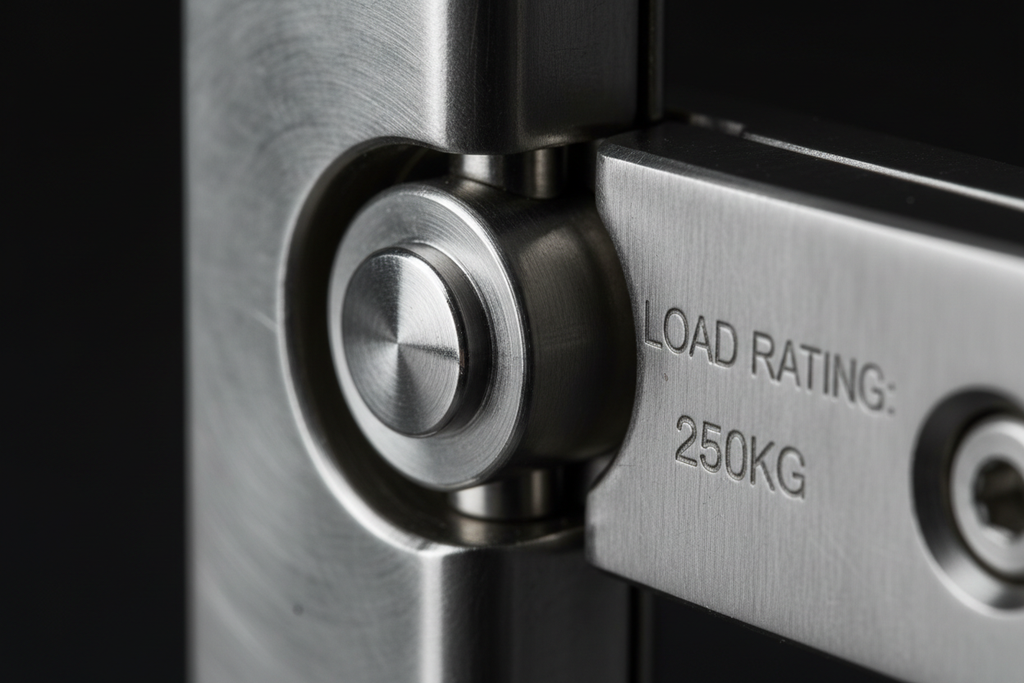 Close-up of 316 stainless steel pivot pin and load-bearing roller at hinge center showing mirror-polished contact surfaces and rated load stamp on hinge body