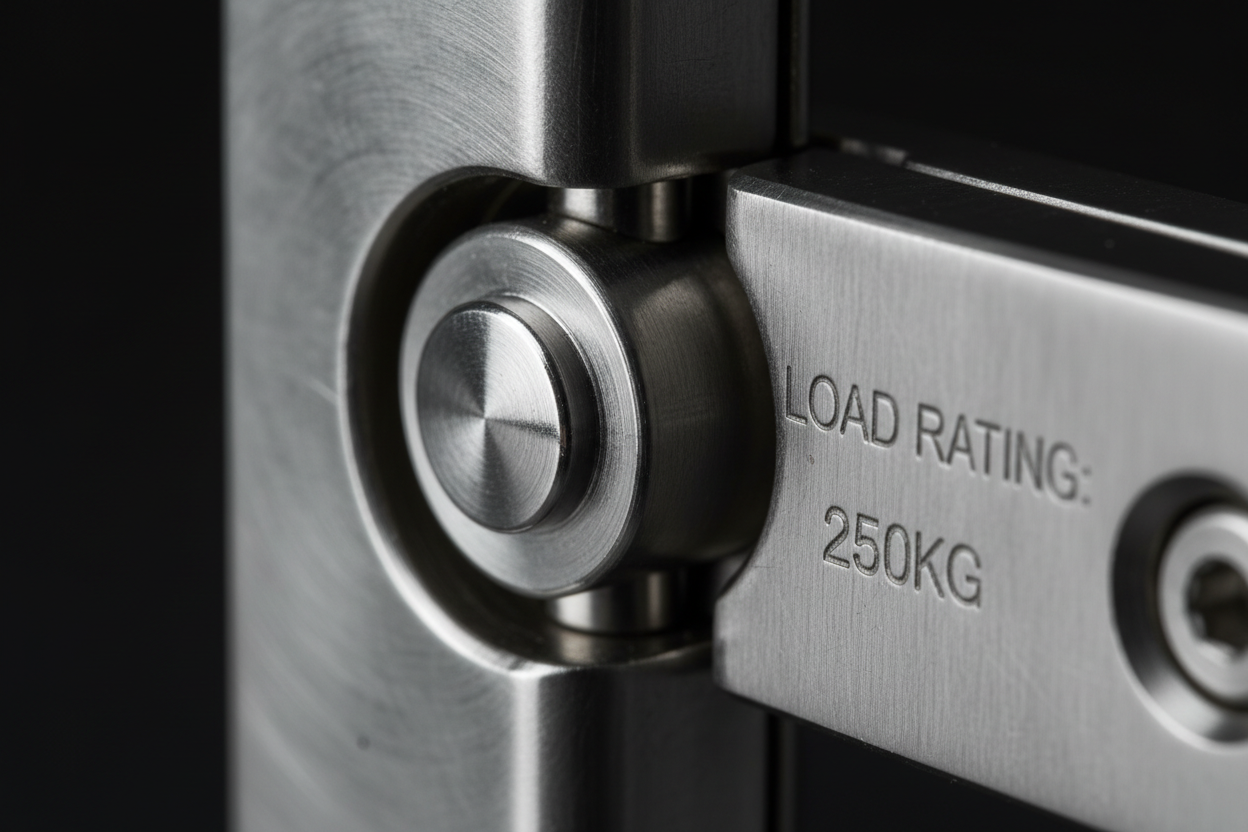 Close-up of 316 stainless steel pivot pin and load-bearing roller at hinge center showing mirror-polished contact surfaces and rated load stamp on hinge body