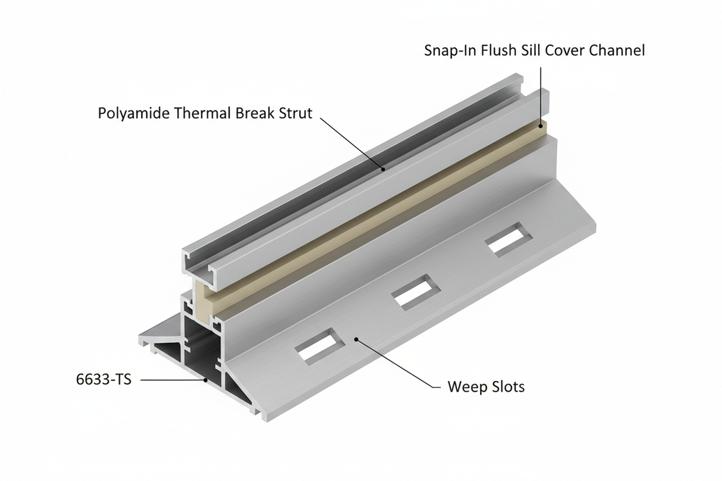 24-inch cut section of thermally-broken aluminum sill extrusion in isometric view on white background with polyamide thermal break strut, weep slots, and cover channel labeled by callout lines