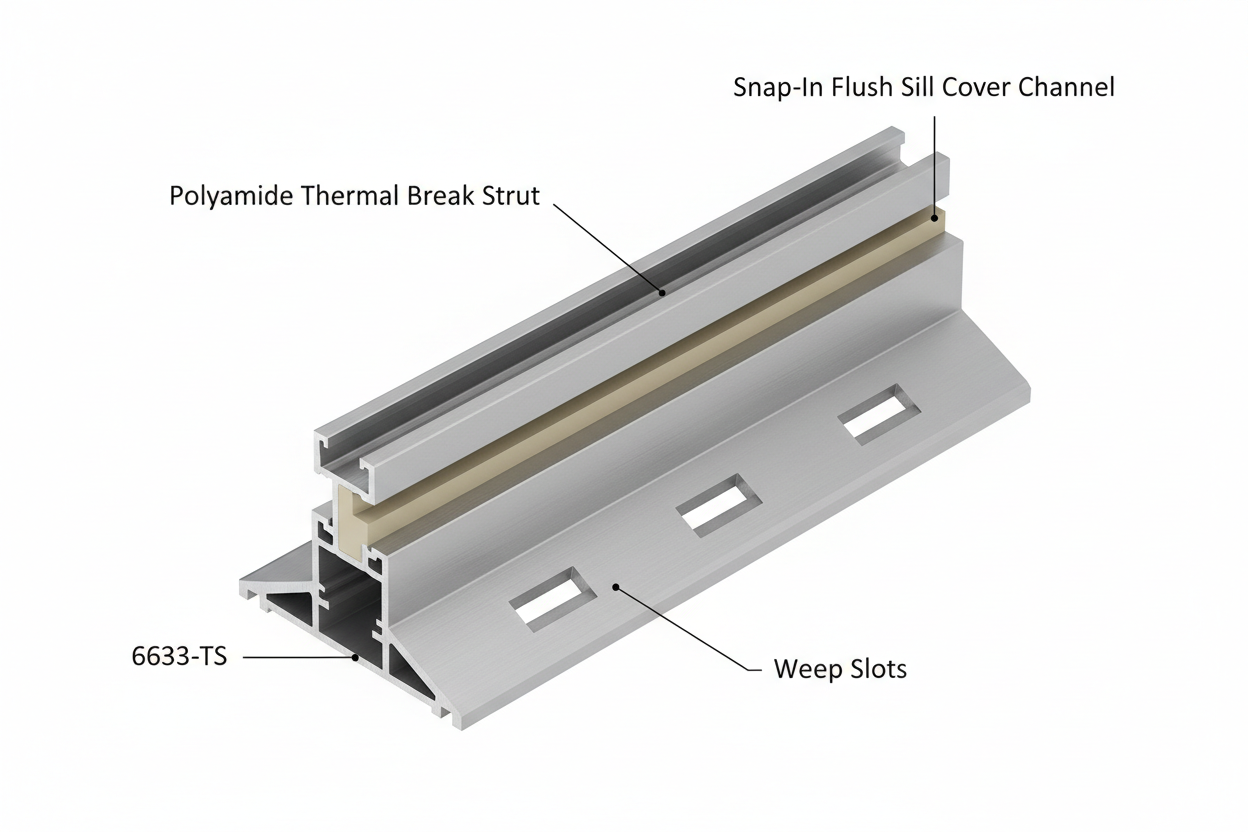 24-inch cut section of thermally-broken aluminum sill extrusion in isometric view on white background with polyamide thermal break strut, weep slots, and cover channel labeled by callout lines