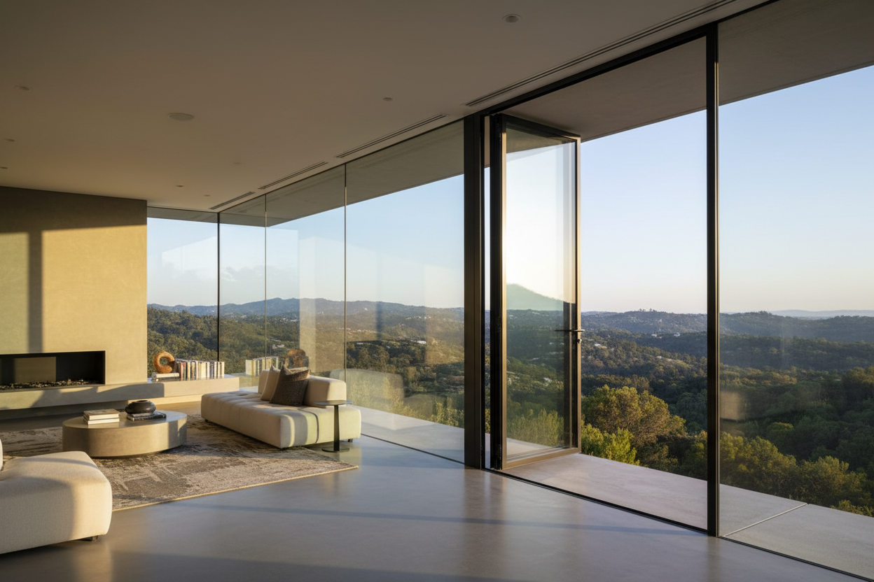 Blomberg T450N casement window installed in a contemporary luxury residential living room, cranked open to 90 degrees with panoramic hillside view and warm interior lighting