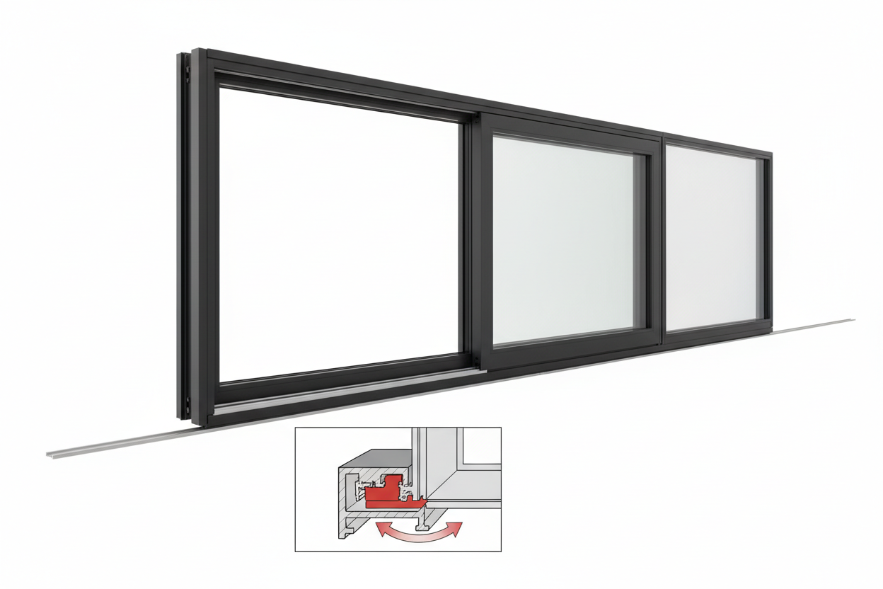T450N lift-and-slide window unit on white background with sash in partially open position revealing concealed stainless lift rail and compression weather seal gasket in cross-section