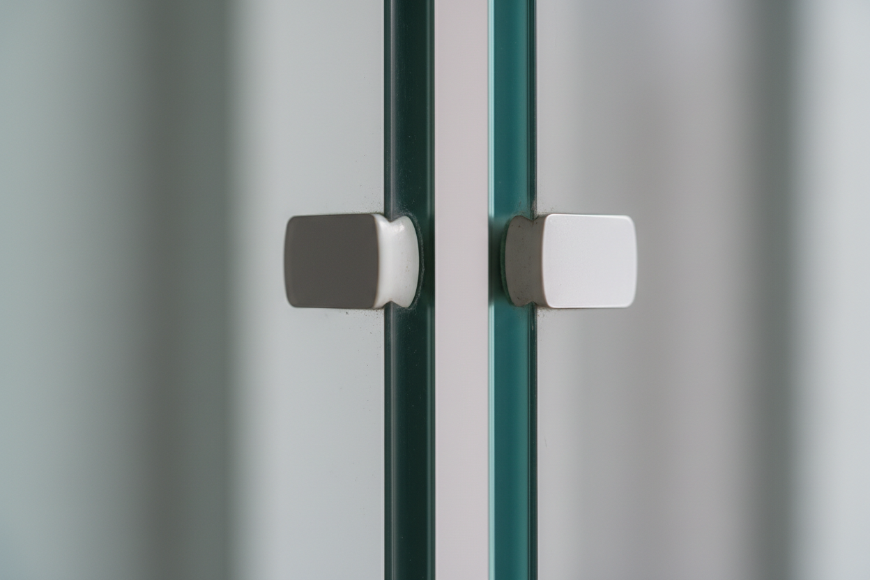 Close-up of structural silicone glazing joint at corner of two adjacent SLW panels showing zero-mullion glass-to-glass butt condition and silicone bead width