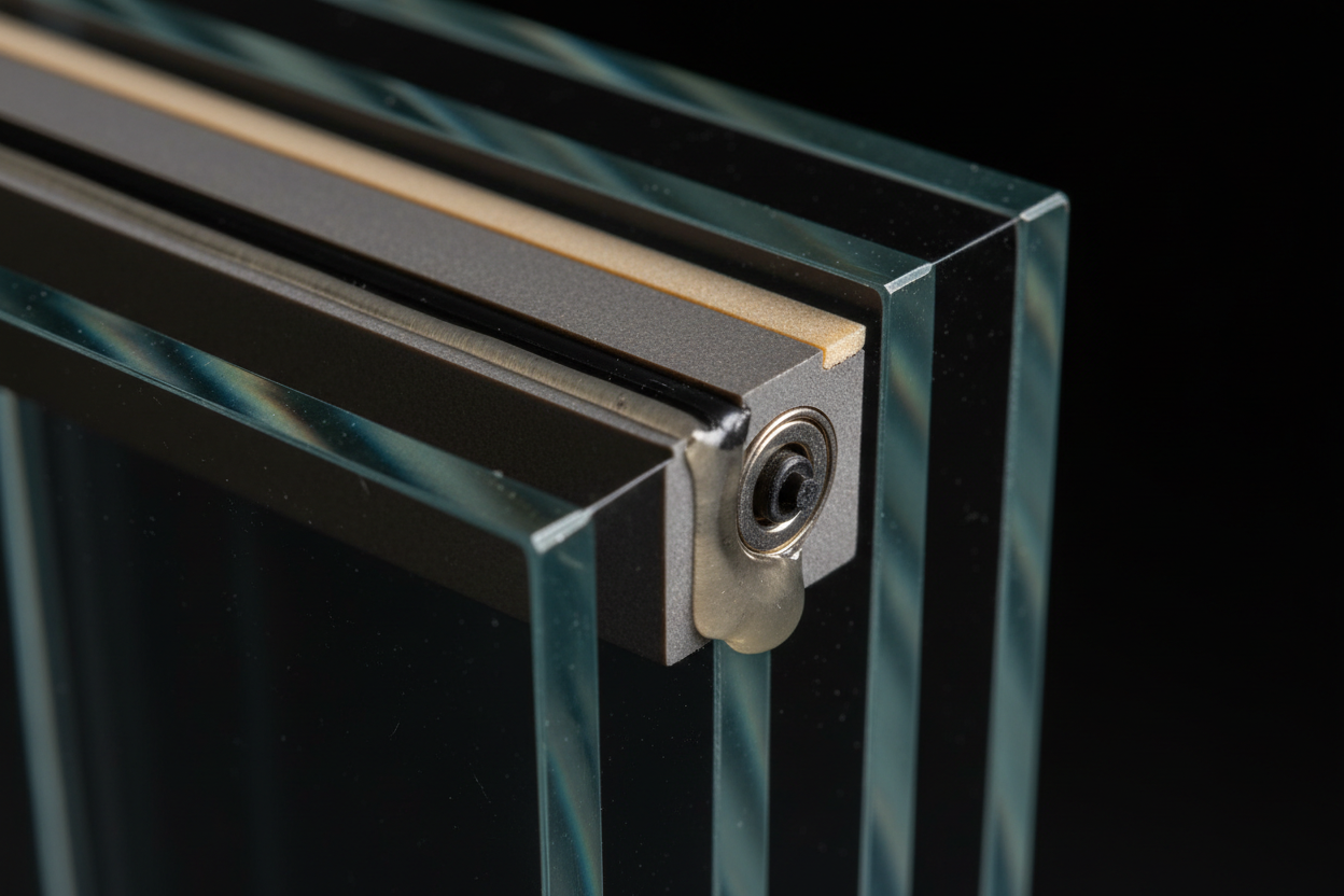 Close-up of warm-edge spacer bar at glass edge of triple-pane IGU showing dual-seal primary and secondary sealant lines and argon gas fill port