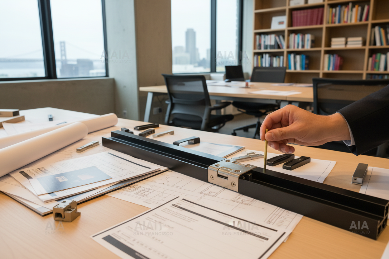 Architect using hex key to demonstrate 3D adjustment on concealed European hinge mounted in T450N sash profile section during design review in San Francisco AIA studio office