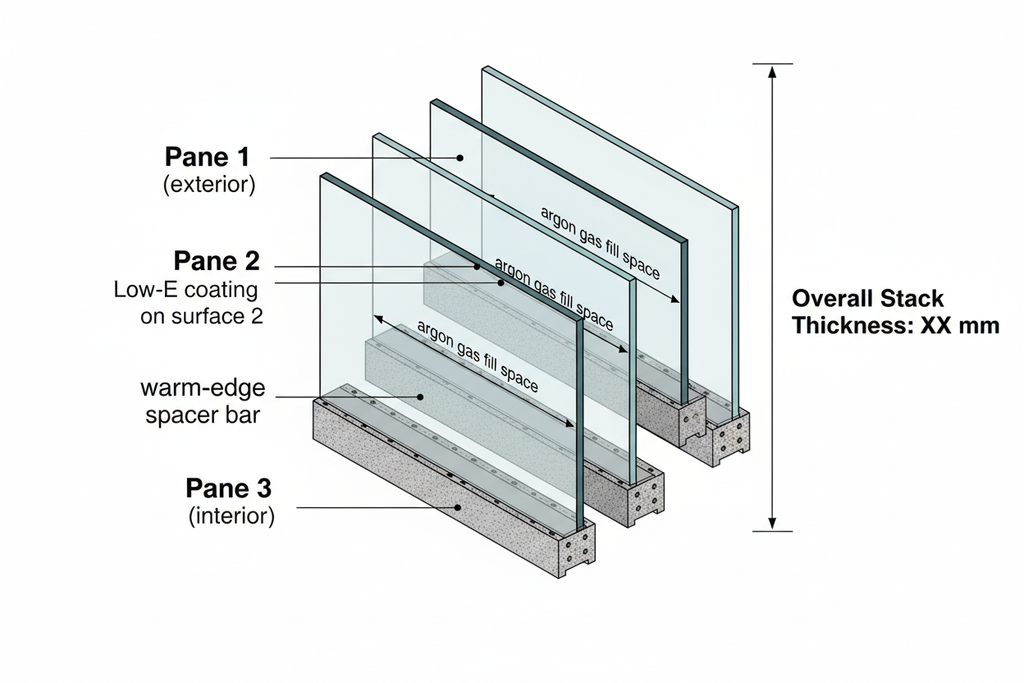 Triple-pane insulated glass unit isometric exploded cross-section on white background labeling two Low-E coating positions on surfaces 2 and 5, argon gas fills, warm-edge spacer, and overall stack thickness