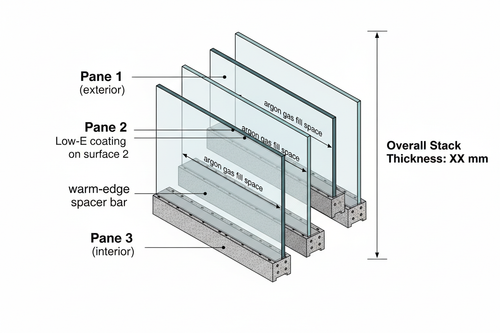 Triple-pane insulated glass unit isometric exploded cross-section on white background labeling two Low-E coating positions on surfaces 2 and 5, argon gas fills, warm-edge spacer, and overall stack thickness