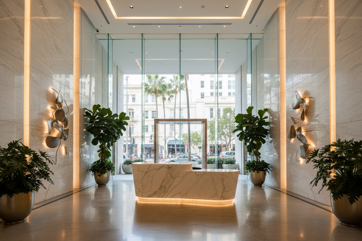 Floor-to-ceiling SLW frameless glass wall panels forming seamless glass wall behind sculptural reception desk in marble-clad Beverly Hills luxury mixed-use tower lobby