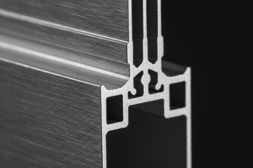 Close-up cross-section of T600N structural-fin mullion integrating with perimeter anchor clip, showing load-transfer path and Class 1 anodize finish on 6063-T5 aluminum