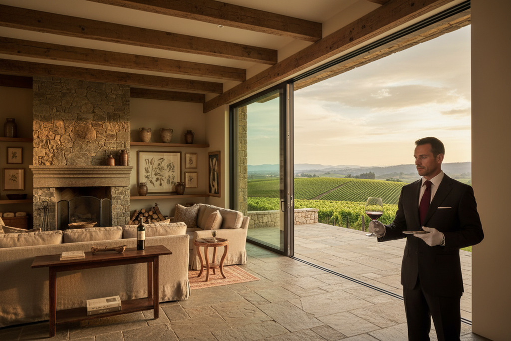Motorized SLD slim-line aluminum door gliding open onto stone terrace at golden hour in Sonoma Valley wine country estate great room with sommelier and vineyard backdrop