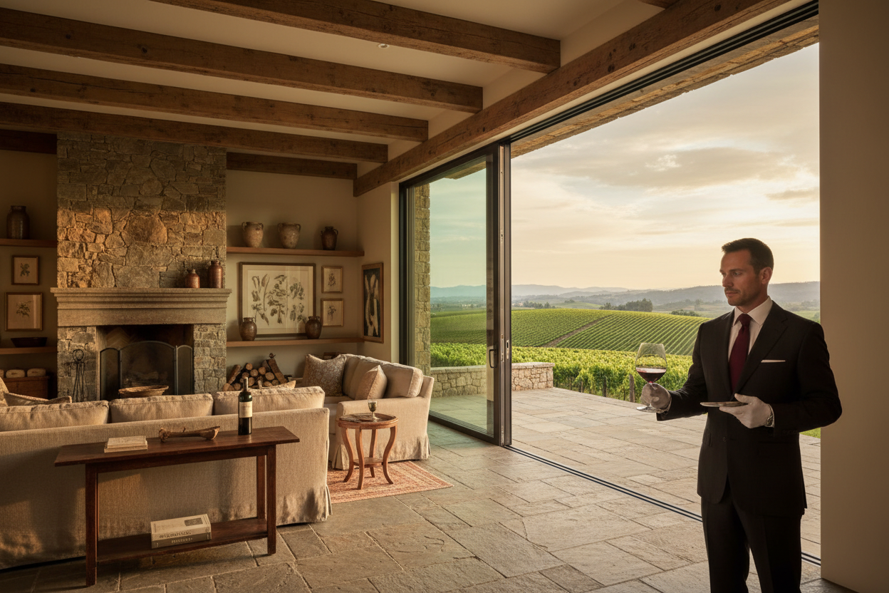 Motorized SLD slim-line aluminum door gliding open onto stone terrace at golden hour in Sonoma Valley wine country estate great room with sommelier and vineyard backdrop