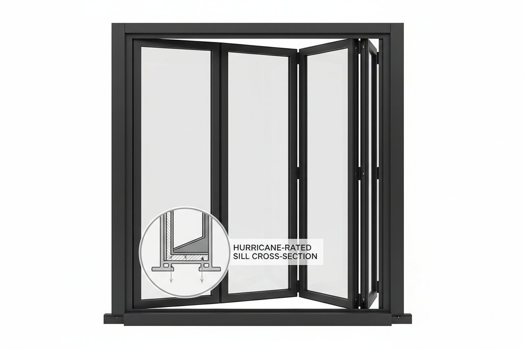LCD 4-panel bi-fold door system fully stacked open on white background showing T450N mullion profiles and hurricane-rated sill cross-section callout