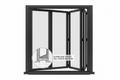 LCD 4-panel bi-fold door system fully stacked open on white background showing T450N mullion profiles and hurricane-rated sill cross-section callout