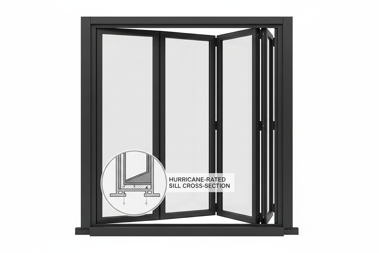 LCD 4-panel bi-fold door system fully stacked open on white background showing T450N mullion profiles and hurricane-rated sill cross-section callout