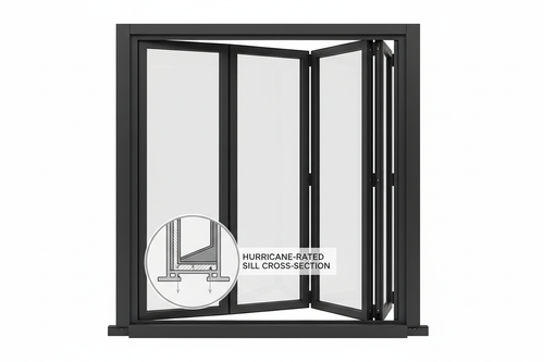 LCD 4-panel bi-fold door system fully stacked open on white background showing T450N mullion profiles and hurricane-rated sill cross-section callout