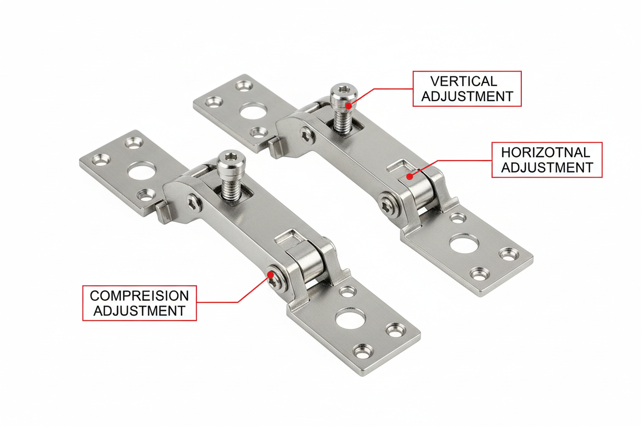 Concealed European-style casement hinge set fully disassembled on white background with pair of arms and mounting plates and three hex-key adjustment points labeled by callout arrows
