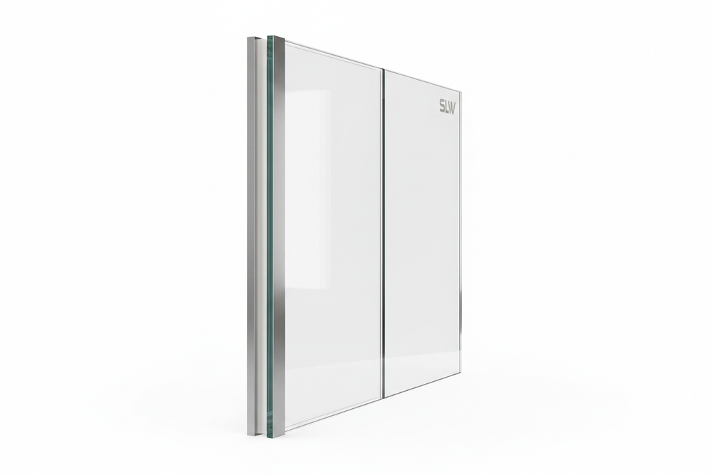 SLW frameless fixed glazing panel on white background showing near-invisible minimal aluminum perimeter channel and structural silicone bead along one edge