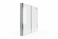 SLW frameless fixed glazing panel on white background showing near-invisible minimal aluminum perimeter channel and structural silicone bead along one edge