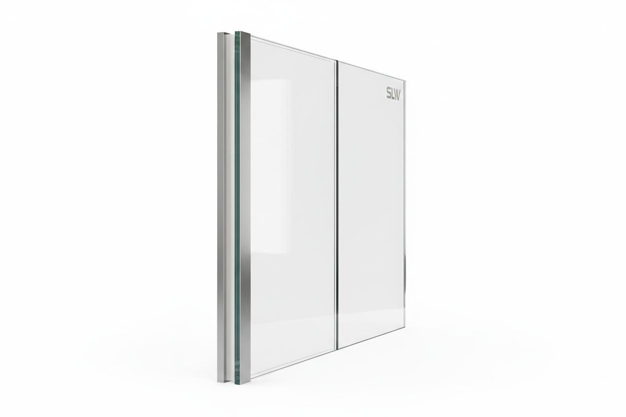 SLW frameless fixed glazing panel on white background showing near-invisible minimal aluminum perimeter channel and structural silicone bead along one edge