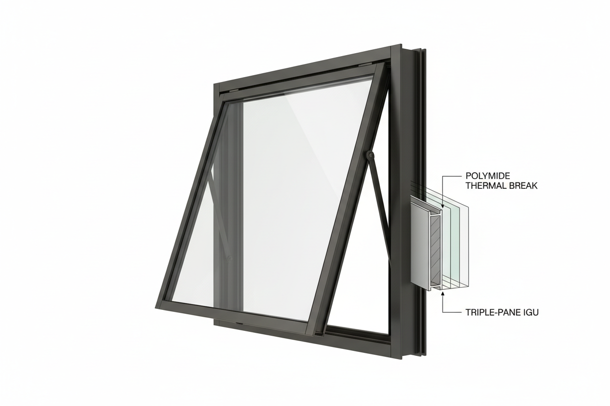T600N awning window unit open at 30 degrees on white background showing concealed hinge arm, polyamide thermal break extrusion cross-section, and triple-pane IGU stack