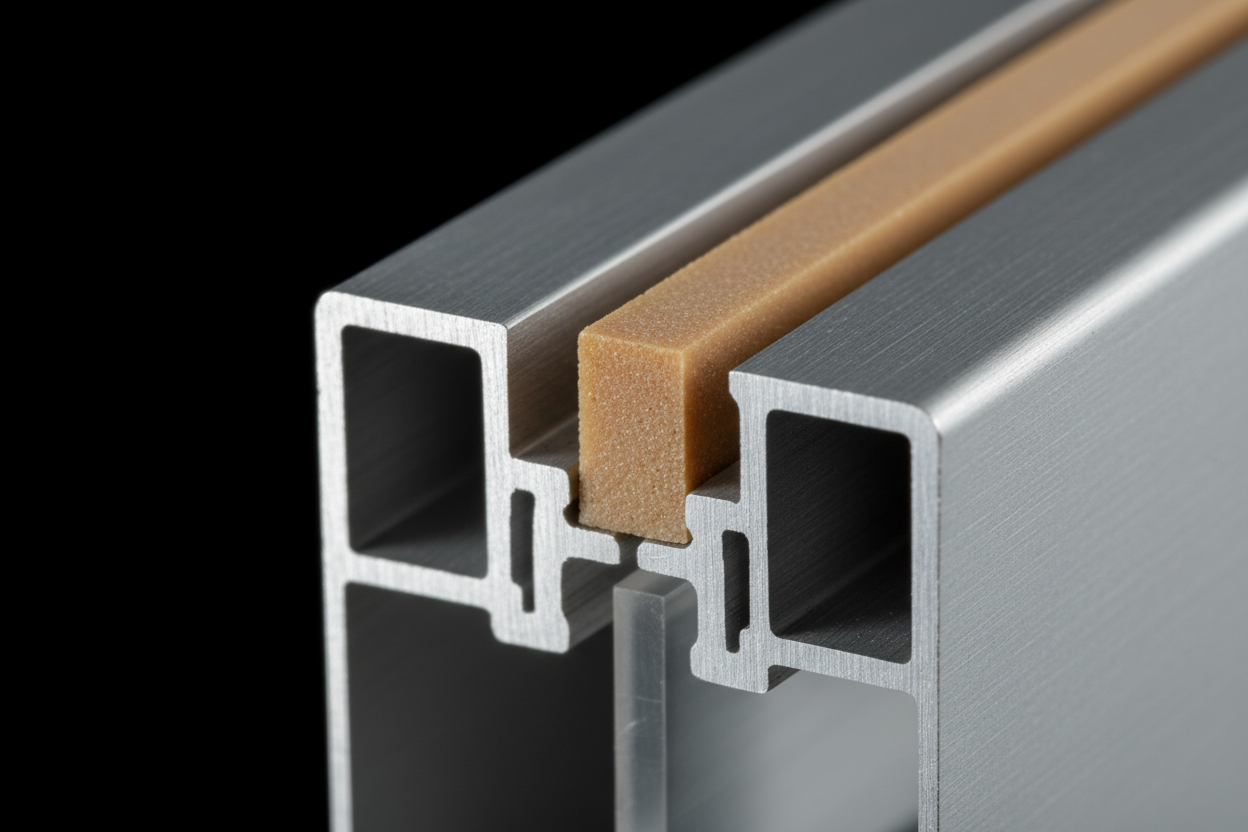 Close-up of polyamide thermal break strut in sill extrusion cross-section under magnification showing precision polyamide insert bonded to aluminum flanges and thermal isolation gap