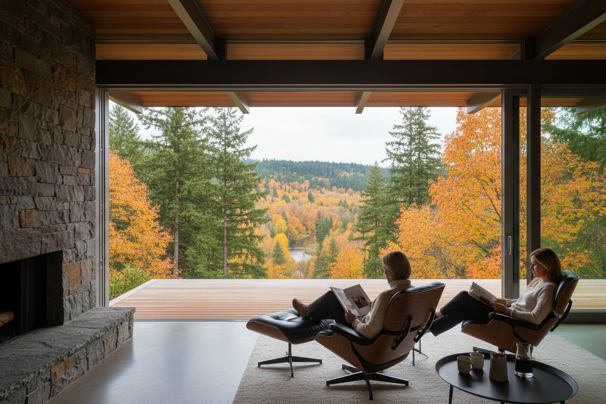 T450N lift-and-slide window gliding open to cantilevered deck overlooking Douglas fir forest in autumn foliage at Portland Oregon modernist hillside residence with couple in Eames chairs