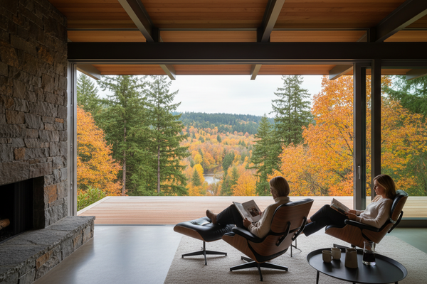 T450N lift-and-slide window gliding open to cantilevered deck overlooking Douglas fir forest in autumn foliage at Portland Oregon modernist hillside residence with couple in Eames chairs
