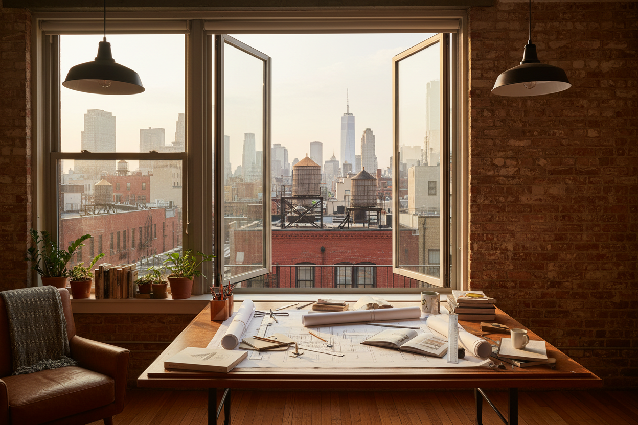 T450N dual casement window open over drafting table with architectural drawings in Manhattan loft conversion with New York skyline and water tower roofscape at late afternoon